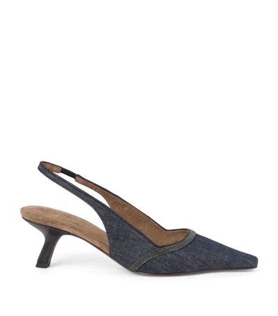 Brunello Cucinelli Denim Pointed-toe Slingback Pumps With Monili Trim In Blue