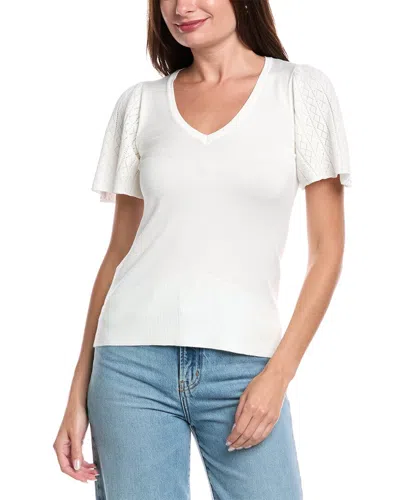 T Tahari Pointelle V-neck Top In White