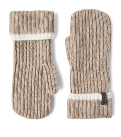 Brunello Cucinelli Cashmere English Rib Knit Mittens With Monili In Neutral