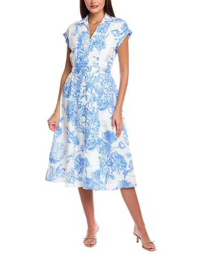 T Tahari Button Linen-blend Dress In Blue