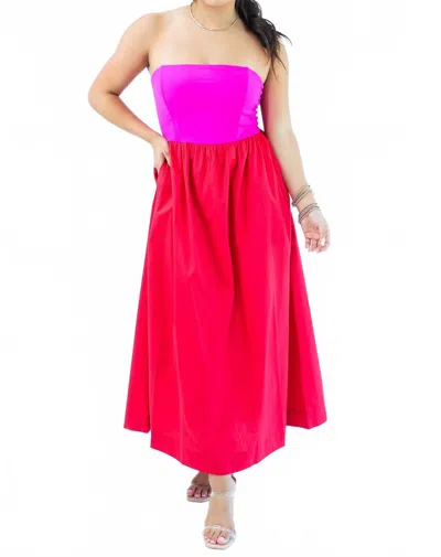 Tcec Strapless Empire Color Block Midi Dress In Magenta In Red