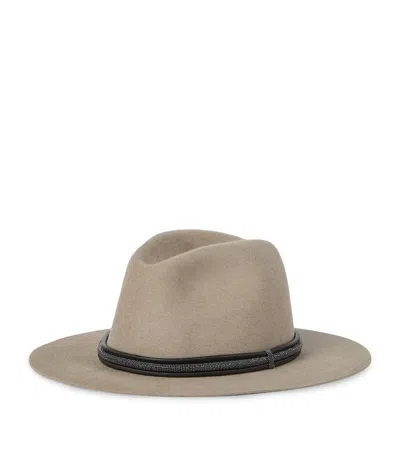 Brunello Cucinelli Fedora Hat With Tubular Leather Band And Monile Detail In Brown