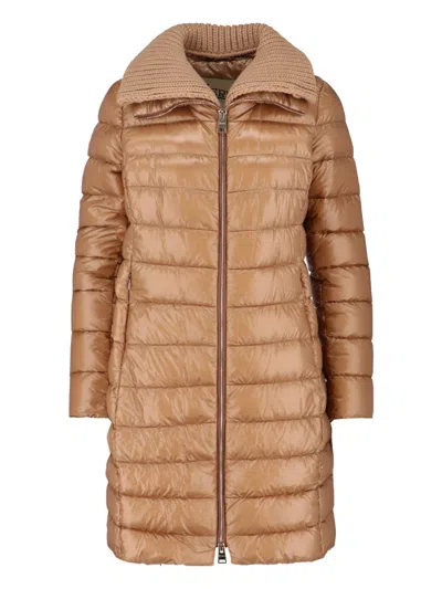 Herno Quilted Long Length Jacket With Detachable Collar In Brown