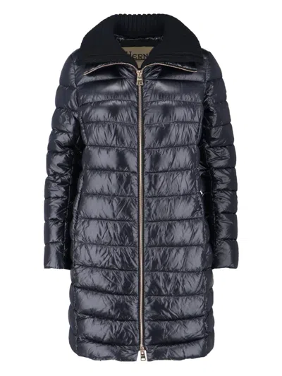 Herno Long Navy Puffer Jacket With Removable Ribbed Collar In Multi