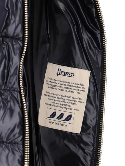 Herno Long Navy Puffer Jacket With Removable Ribbed Collar In Multi