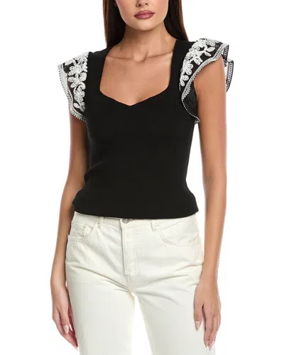 Elie Tahari Emily Embroidered Flutter Sleeve Sweater In Black