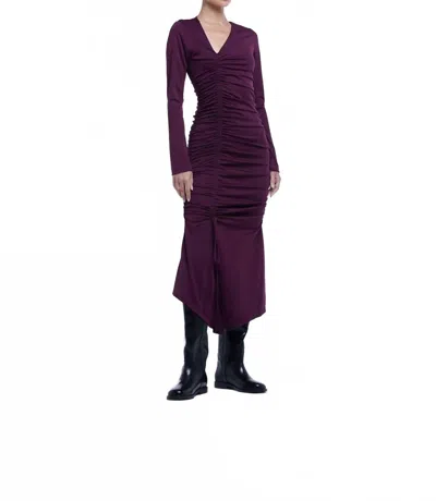 Dal The Label Ruched Asymmetric Midi Dress In Raisin In Purple