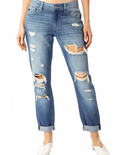 Kancan Mid Rise Boyfriend Jean In Medium Wash In Blue