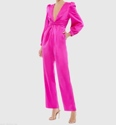 Mac Duggal Front Twist Puff Sleeve Deep V Jumpsuit In Fuschia In Pink