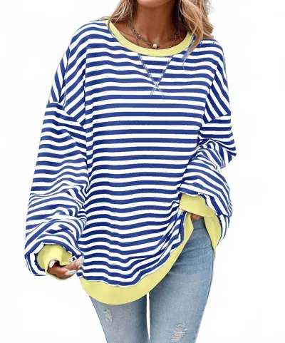 Little Daisy Closet Stripe Contrast Trim Oversized Pullover Sweatshirt In Blue Stripe In Multi