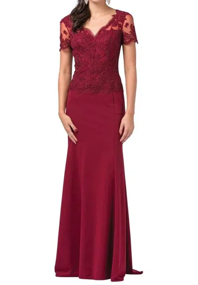 Dancing Queen Short Sleeve Jeweled Appliqued Illusion Gown In Burgundy In White