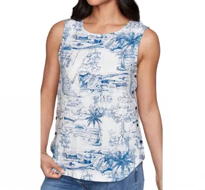Carre Noir Woven Tank With Palm Tree & Fruit Print In White & Blue In Multi