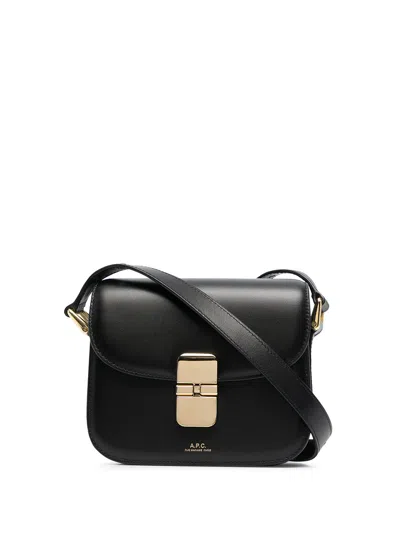 Apc A.p.c. Compact Black Calf Leather Shoulder Bag With Adjustable Strap In Black