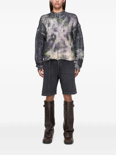 Acne Studios Glittered Distressed Open-knit Zip-up Cardigan In Gray