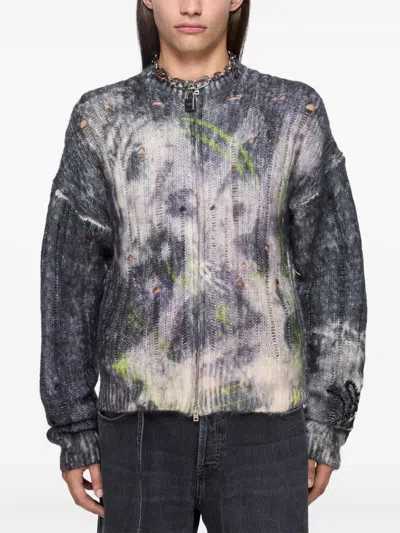 Acne Studios Glittered Distressed Open-knit Zip-up Cardigan In Gray