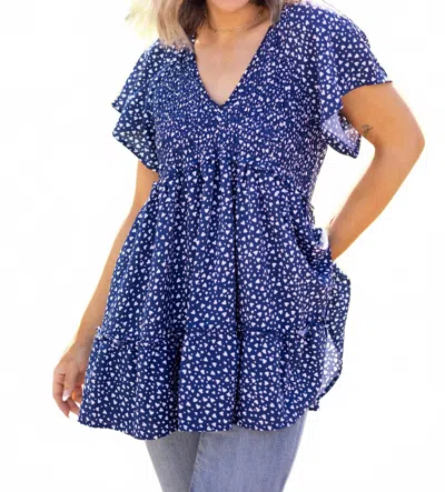 Davi & Dani Heart Print Babydoll Tunic Top In Royal Blue In Blue
