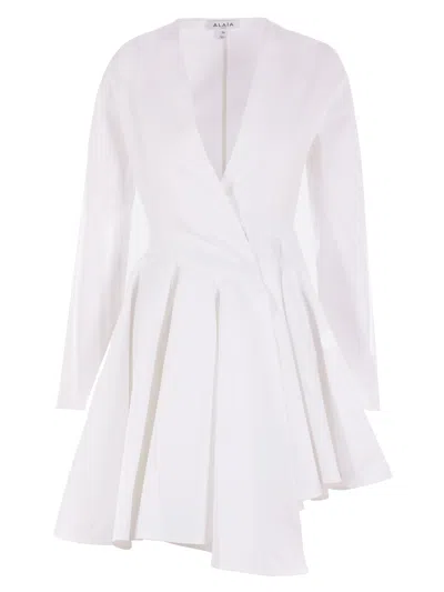 Alaïa Asym Belt Dress In Poplin In White