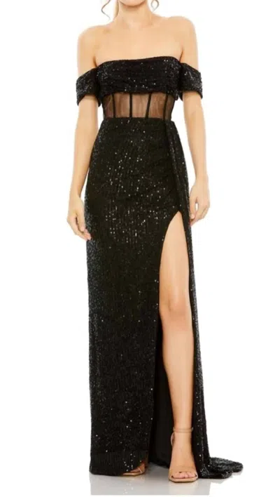 Mac Duggal Illusion Midriff Corset Off-the-shoulder Dress In Black In Black