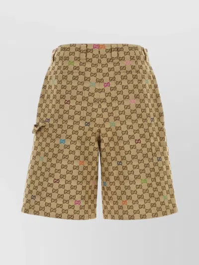 Gucci Men Beige Bermuda Pants With Belt Loops In Gg Canvas Man In Silver