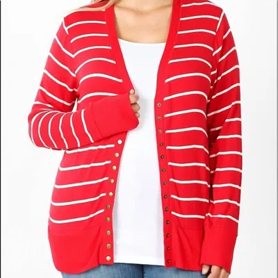 Zenana Striped Snap Full Sleeve Cardigan In Ruby In Red