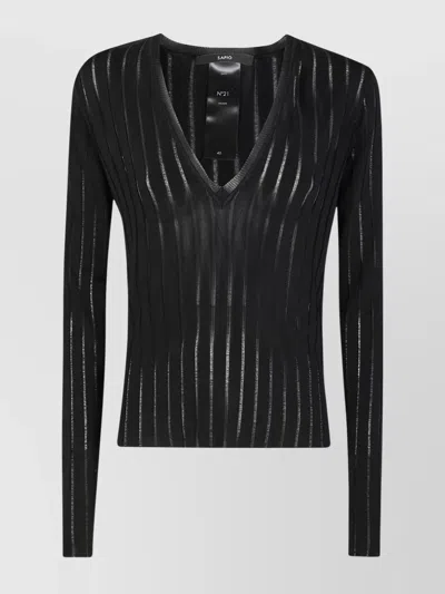 Sapio Sheer Striped V-neck Knit Sweater In Black
