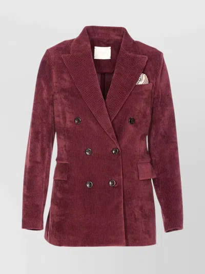Circolo 1901 Structured Double-breasted Corduroy Jacket With Striped Pocket Square In Burgundy