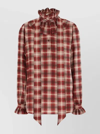 Saint Laurent Silk Blouse With Plaid Pattern And Ruffles In Animal Print