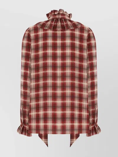 Saint Laurent Silk Blouse With Plaid Pattern And Ruffles In Animal Print