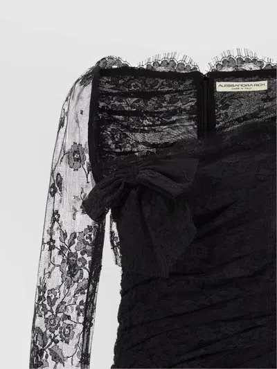 Alessandra Rich Draped Dress With Bow Accents And Lace Detailing In Black