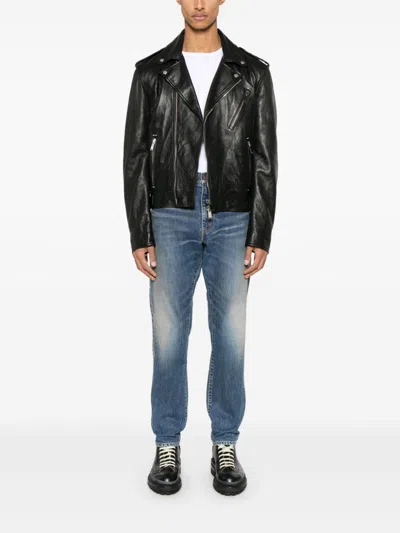 Alexander Mcqueen Leather Jacket With Belted Waist And Epaulettes In Black