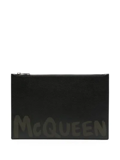 Alexander Mcqueen Leather Clutch With Mcqueen Graffiti Logo In Black