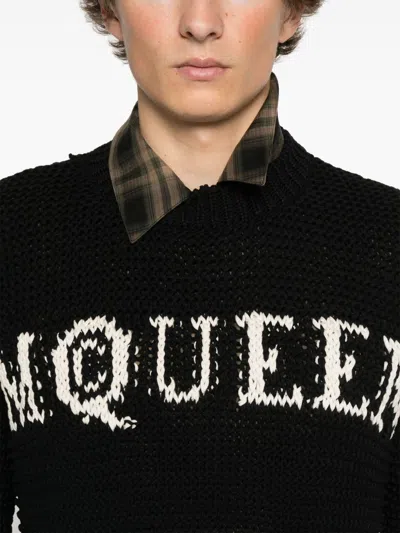 Alexander Mcqueen Mcqueen Textured Cotton Sweater With Inlaid Logo In Black