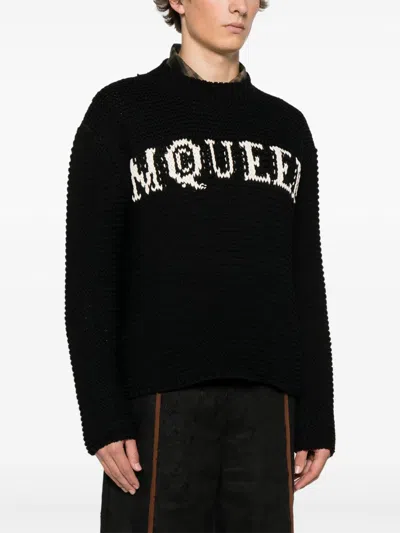Alexander Mcqueen Mcqueen Textured Cotton Sweater With Inlaid Logo In Black