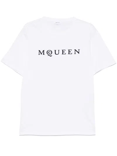 Alexander Mcqueen Men White Crewneck T-shirt With Logo Lettering On The Front In Cotton Man In White