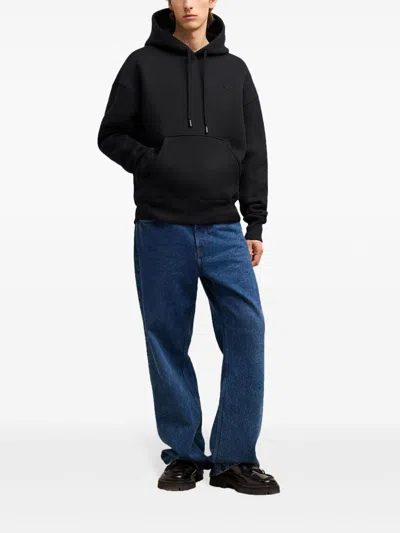 Ami Alexandre Mattiussi Hooded Cotton Sweatshirt With Kangaroo Pocket And Ribbed Finish In Black