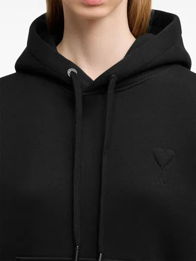 Ami Alexandre Mattiussi Hooded Cotton Sweatshirt With Kangaroo Pocket And Ribbed Finish In Black