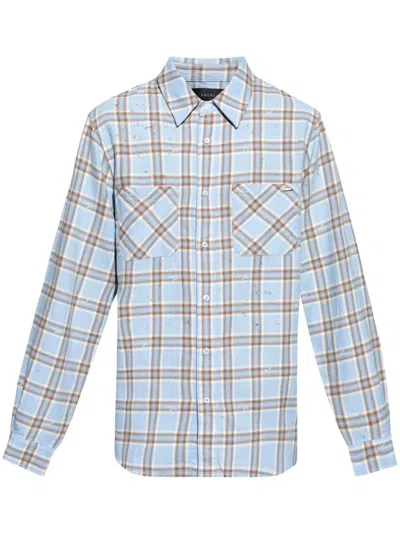 Amiri Mens Sea Blue Shotgun Distressed Regular-fit Cotton Flannel Shirt In Blue