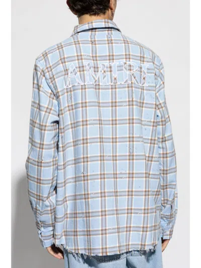 Amiri Mens Sea Blue Shotgun Distressed Regular-fit Cotton Flannel Shirt In Blue