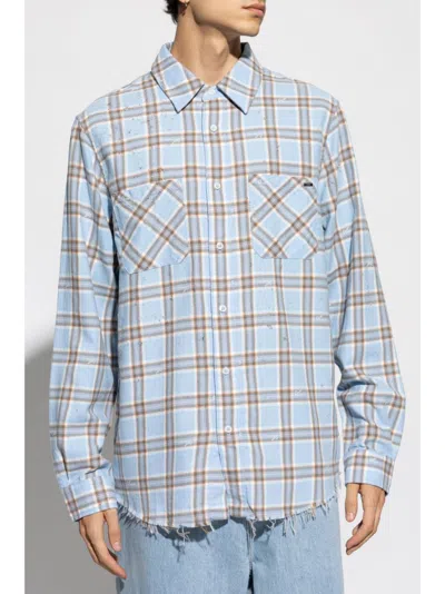 Amiri Mens Sea Blue Shotgun Distressed Regular-fit Cotton Flannel Shirt In Blue
