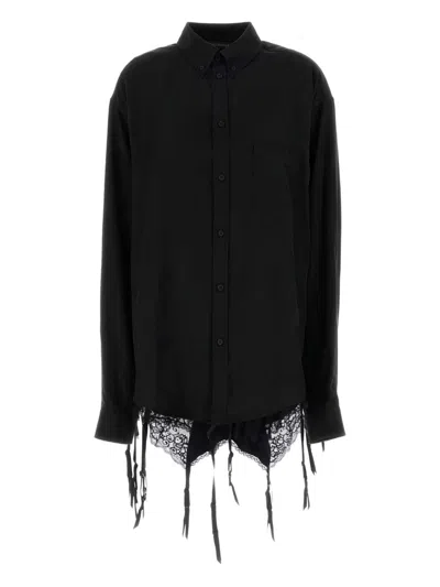 Balenciaga Lingerie Black Sirt With Button-down Collar And Lingerie Detail On The Hem In Tech Fabric Woman In Black