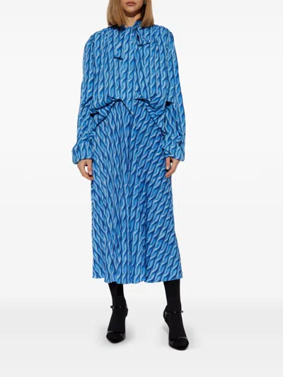 Balenciaga Patterned Drape Midi Dress In Blue