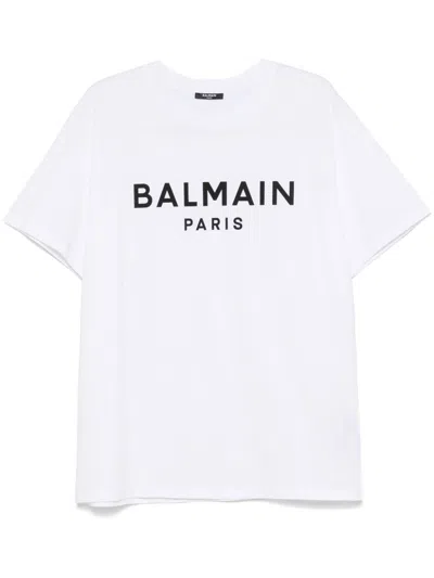 Balmain White Crewneck T-shirt With Contrasting Logo Lettering Print In Cotton In White