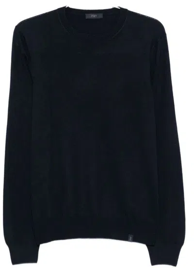 Fay Round Neck Fine Wool Sweater With Ribbed Detailing In Blue