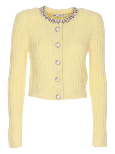 Self-portrait Crystal-embellished Cable-knit Cardigan In Yellow