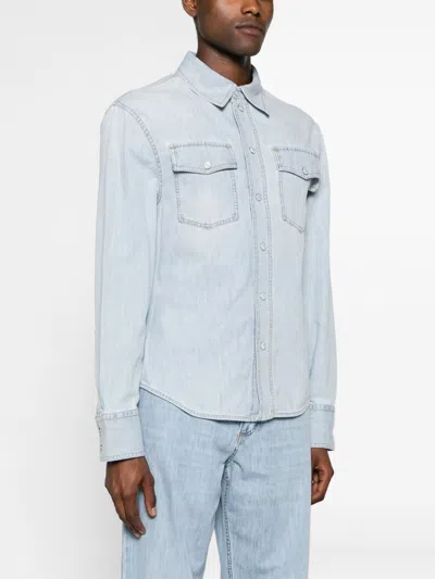 Bottega Veneta Men Denim Shirt With Mother-of-pearl Buttons In Blue