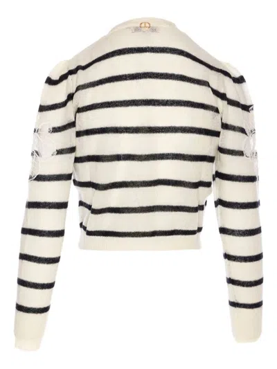 Twinset Twin-set V-neck Sweater With Floral-lace Embellishment In Neutral