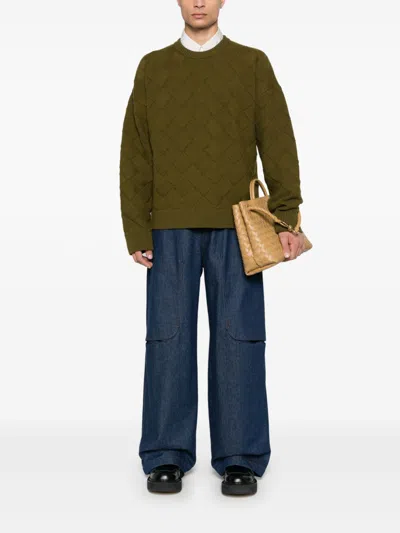 Bottega Veneta Crew Neck Wool Intreccio 3d Knit Sweater In Green