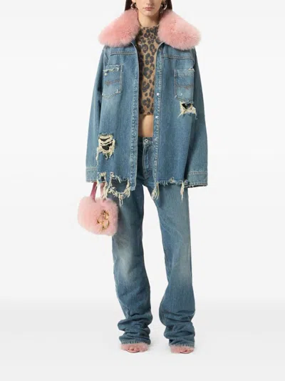 Blumarine Longline Jacket With Distressed Finish And Chest Pockets In Blue