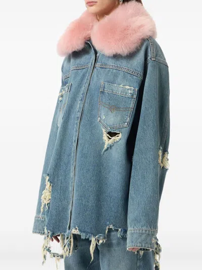 Blumarine Longline Jacket With Distressed Finish And Chest Pockets In Blue
