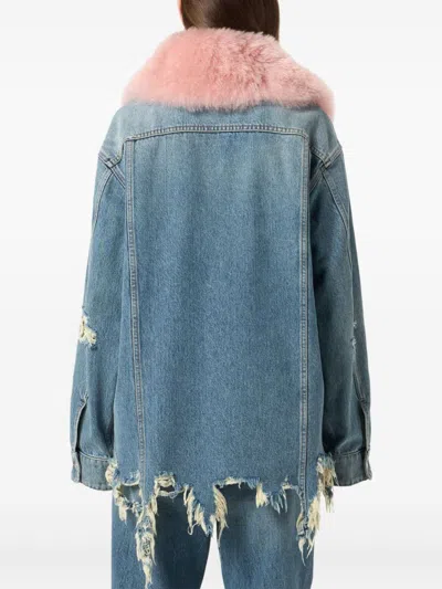 Blumarine Longline Jacket With Distressed Finish And Chest Pockets In Blue